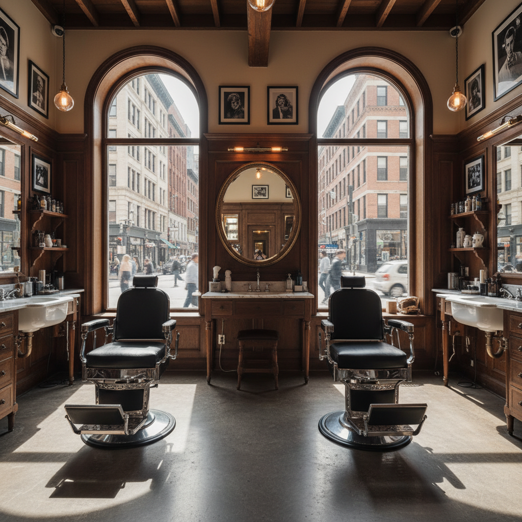 Interior of a modern high-end barbershop with leather chairs and warm ambient lighting