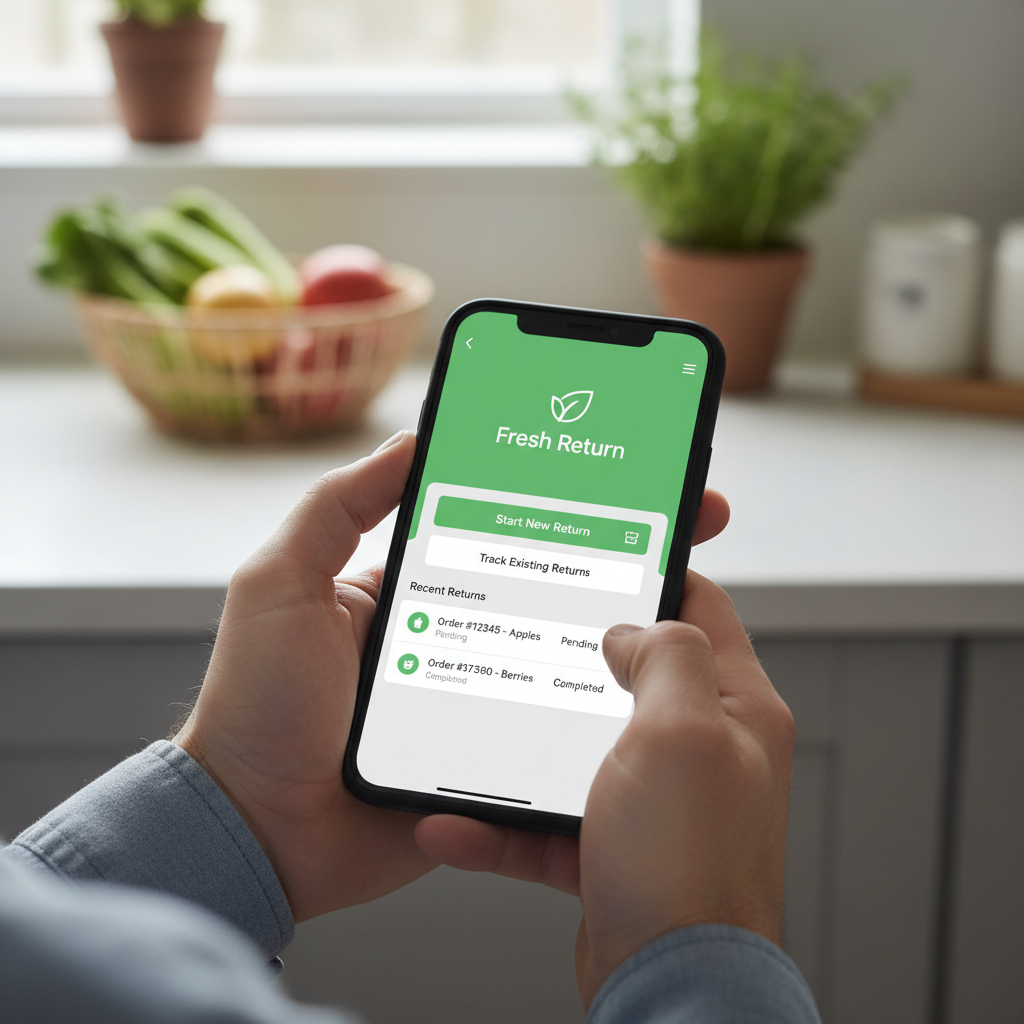 Hands holding a smartphone with the Fresh Return booking app open